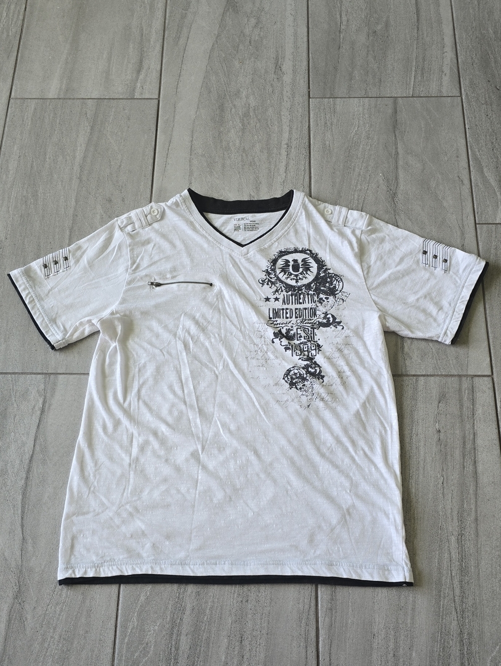 Vertical Sport Mens White & Black Graphic T-Shirt Front Zippered & Pocket V-Neck